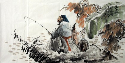 【已售】四尺写意人物画《姜公鱼乐图》