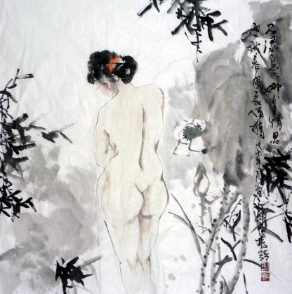 【已售】四尺斗方仕女图《情思》