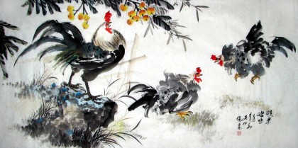 【已售】四尺国画公鸡图《硕果鸡鸣》