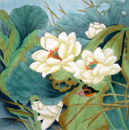 【已售】四尺工笔斗方画 荷花翠鸟图