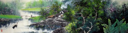 【已售】四尺对开山水画《山乡春早》