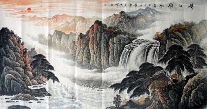 【已售】八尺青绿山水画《峡江雄风》