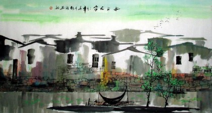 【已售】三尺江南水乡国画《水上人家》