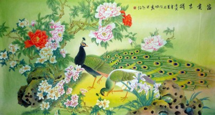 孔雀牡丹図 掛軸 横幅 花開富貴 縁起物 インテリア 壁掛け 中国美術 工笔牡丹图《富贵吉祥》 - 牡丹画- 99字画网