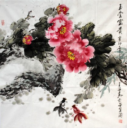 【已售】王芳四尺斗方牡丹画《玉堂富贵》