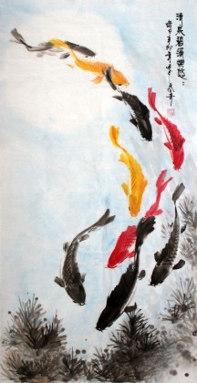 【已售】张春奇四尺九鱼图《清泉碧藻乐悠悠》