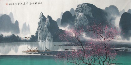 【已售】张泉踪四尺国画山水《春风时雨船家乐》