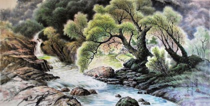 【已售】李英浩《山村的春天》朝鲜国画