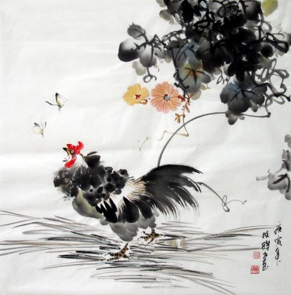 【已售】四尺斗方花鸟画—公鸡图