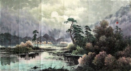 【已售】朝鲜一级画家昌实《小溪之夜》