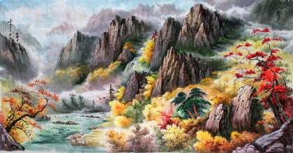 【已售】六尺朝鲜风景画《金刚山之秋》