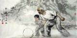 【已售】宁新生三尺人物画《爷爷教我玩铁环》出版于《艺术鉴赏》