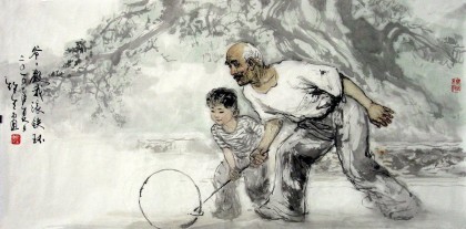 【已售】宁新生三尺人物画《爷爷教我玩铁环》出版于《艺术鉴赏》