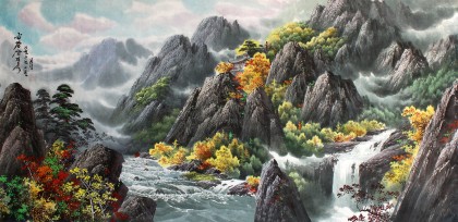 【已售】吉正朝鲜国画《金刚山峡谷》