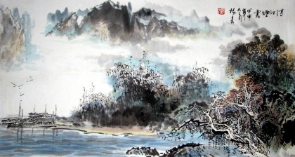 【已售】杨春三尺山水国画《清江烟云》