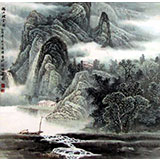 广西山水名家陶君祥四尺斗方《漓江烟云图》