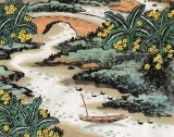 【已售】宁良成三尺斗方田园作品《溪流庭前》