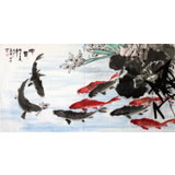 张春奇四尺九鱼图《啣春》