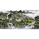 宁良成四尺山水画《江岸人家》