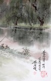 【已售】朝鲜一级画家韩成哲作品《普同江的傍晚》