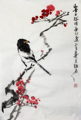 【已售】刘其墉四尺三开花鸟《喜上梅稍》