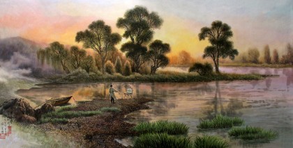 【已售】朝鲜一级画家申哲玲《河边的傍晚》