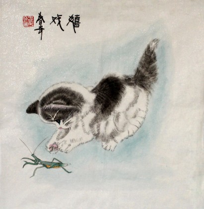 【已售】北京美协张春奇小品画《嬉戏》