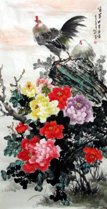 中国画公鸡牡丹图《富贵大吉》 - 牡丹画- 99字画网
