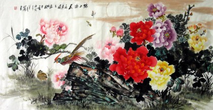 【已售】四尺锦鸡牡丹《锦上添花》