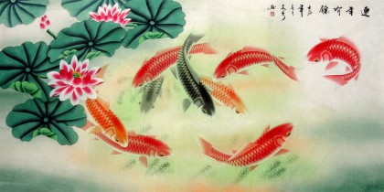 【已售】北京美协蒋文秀四尺九鱼图《连年有余》