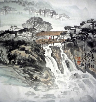 【已售】黄云鸿精品三尺斗方山水《谁家阿妹歌木楼》
