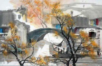 【已售】四尺三开国画《水乡清秋》