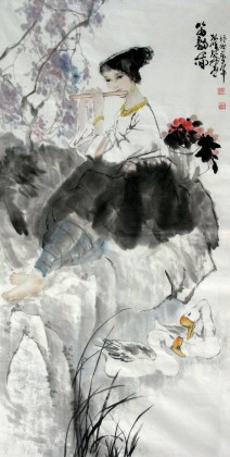 【已售】画家孤鸿人物画《笛韵图》