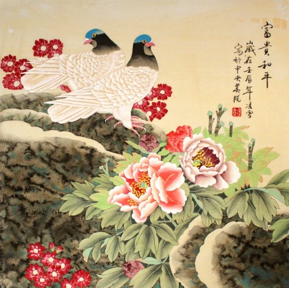 凌雪四尺斗方工笔画《富贵和平》