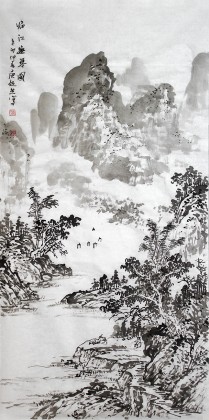 【已售】庾超然三尺山水画《临江扶琴图》