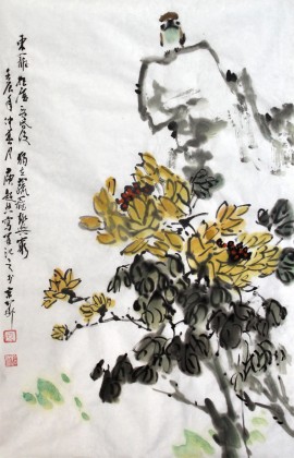 【已售】庾超然四尺三开作品《东篱把酒黄昏后》