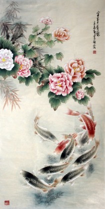 【已售】河南美协董书林四尺九鱼图《富贵有余》