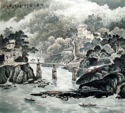 【已售】六尺斗方山水画《古寨之晨 》