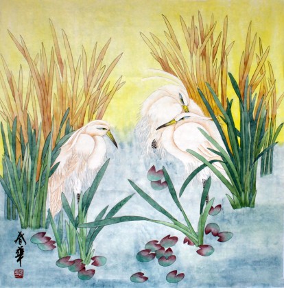 【已售】张春华四尺斗方花鸟 白鹭