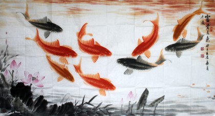 【已售】周升达六尺九鱼图《富贵久鱼》