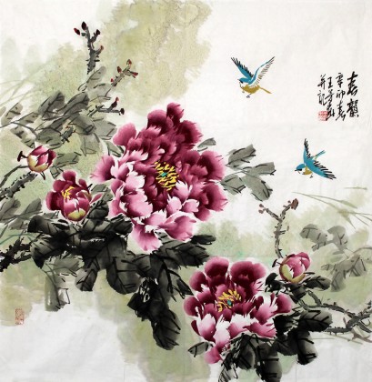 已售王芳四尺斗方牡丹图春韵