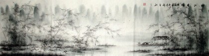 【已售】六尺对开山水《烟江垂纶》
