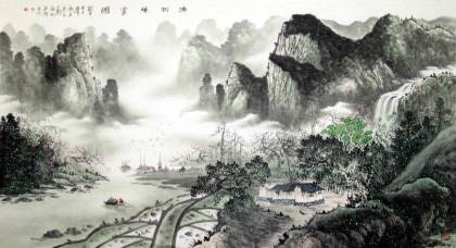 【已售】六尺名家山水国画《渔村晓雾图》