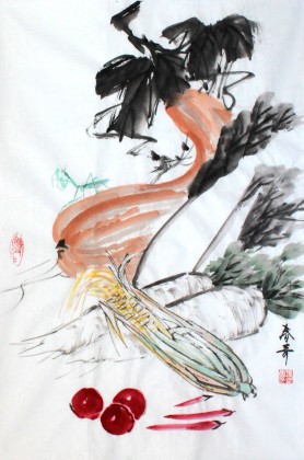 张春奇四尺三开 餐厅果蔬画