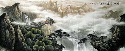 【已售】小八尺山水画《云山飞瀑图》