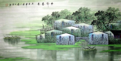 【已售】三尺江南水乡国画《水乡春色》