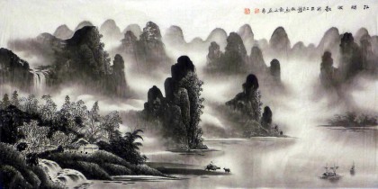 【已售】四尺国画山水《江畔牧歌》