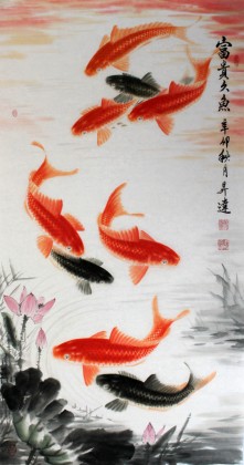 中国古美術・荷花鯉鱼図三尺画芯・啓功印款・水墨画・純手描き