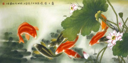 【已售】何怡四尺工笔吉祥九鱼图《年年有余》