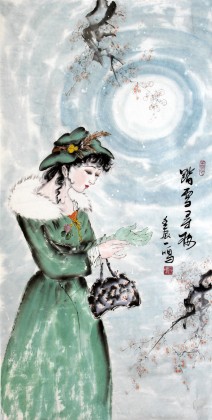 王一鸣三尺仕女图《踏雪寻梅》